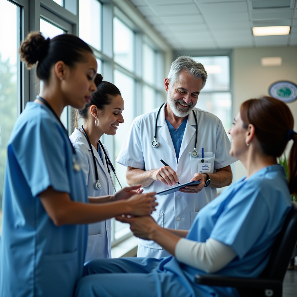 Healthcare professionals providing compassionate care to patients in a modern medical facility, showcasing the impact of community support and charitable giving