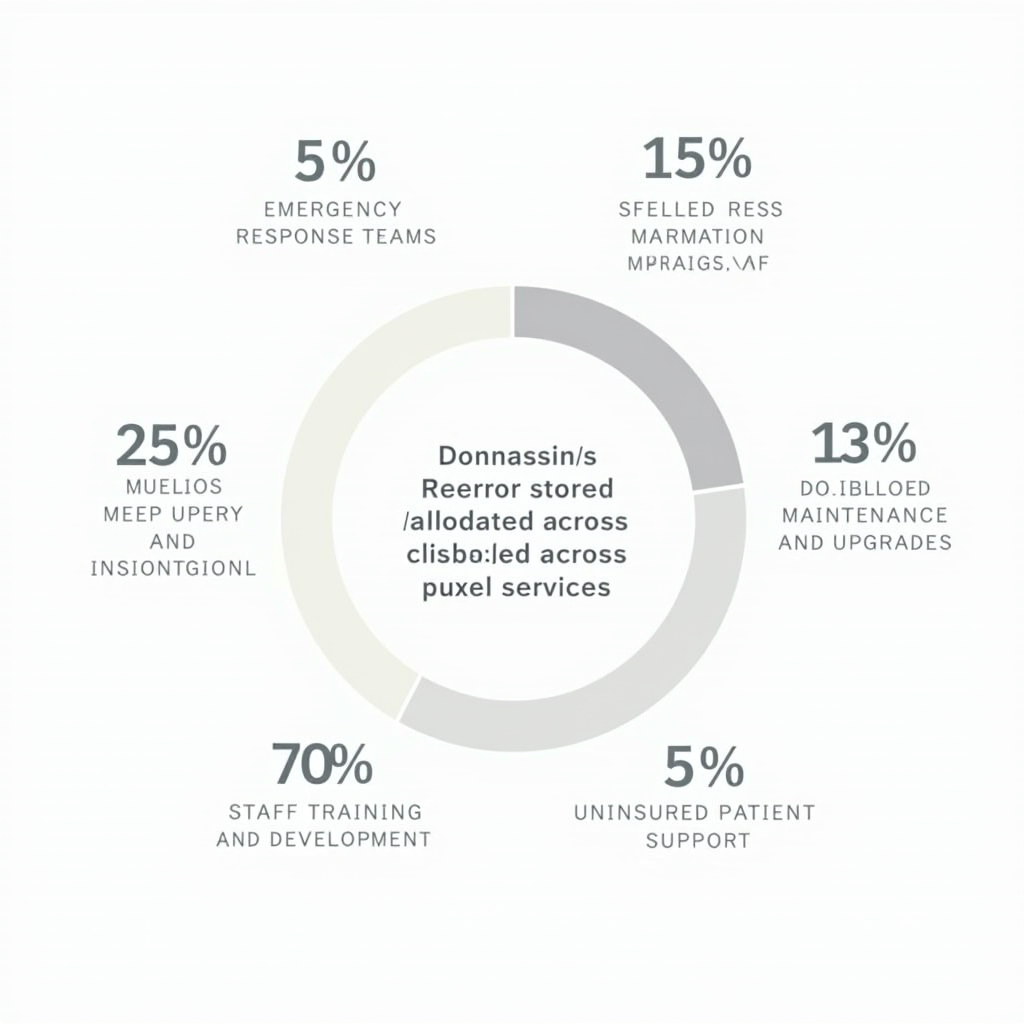 Infographic showing how recurring donations are allocated across critical care services. Pie chart displaying percentages: 35% Emergency Response Teams, 25% Medical Supplies and Medications, 20% Staff Training and Development, 15% Equipment Maintenance and Upgrades, 5% Uninsured Patient Support. Clean, professional design with icons representing each category in healthcare foundation brand colors.