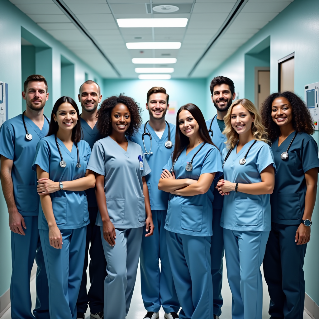 Professional group photo of diverse intensive care unit medical team including doctors, nurses, and support staff in scrubs standing together in a modern hospital ICU, showing unity and dedication to patient care