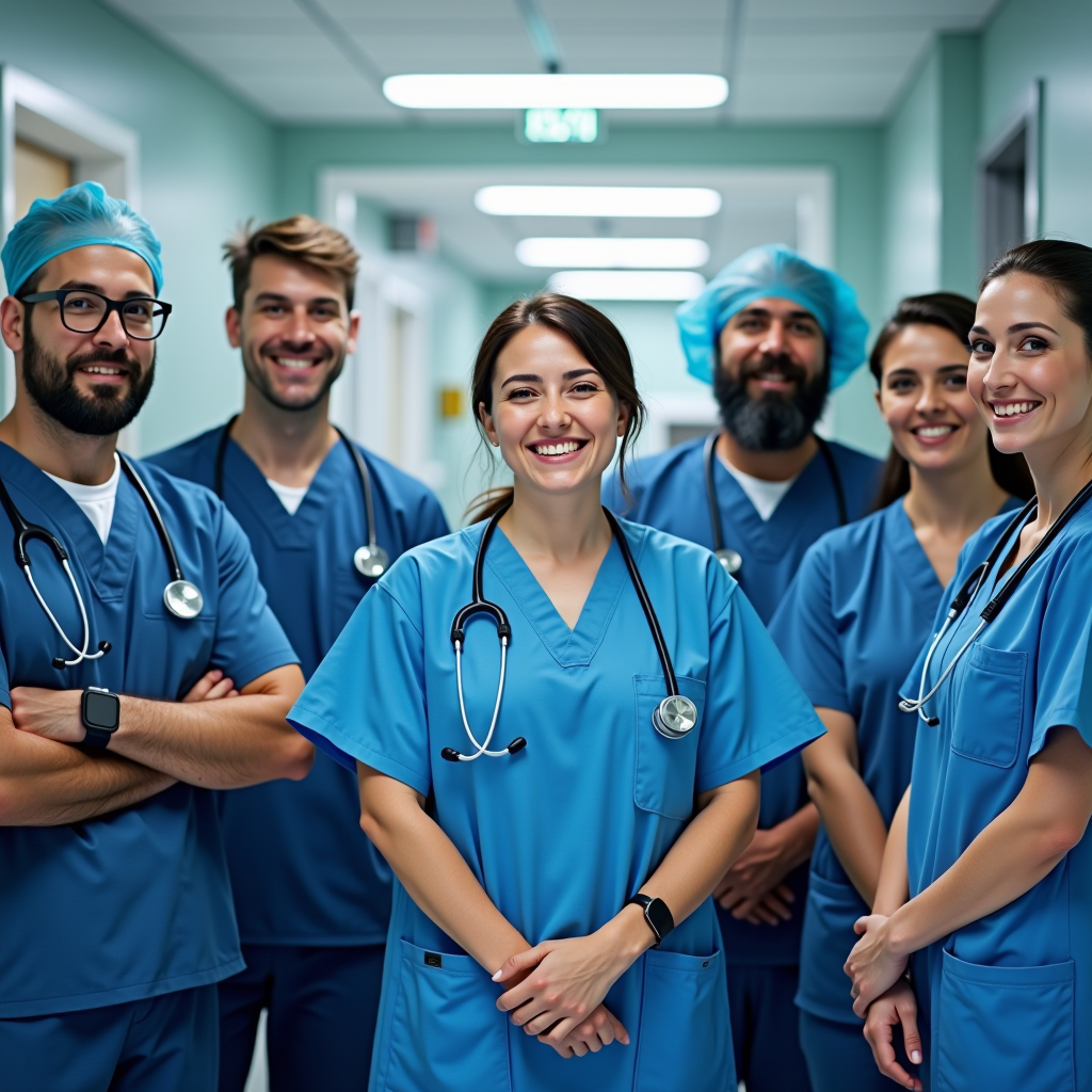 Dedicated group of healthcare professionals in scrubs standing together in an intensive care unit, including doctors, nurses, and support staff, smiling confidently while representing the compassionate critical care team