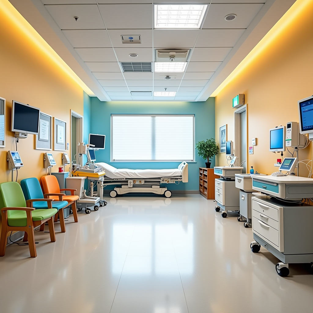 Bright, cheerful newly renovated pediatric critical care wing with colorful walls, child-friendly medical equipment, specialized monitoring systems, and comfortable family spaces designed for young patients and their families