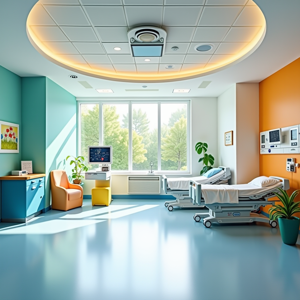 Bright and welcoming newly renovated pediatric critical care wing with colorful walls, child-friendly medical equipment, comfortable family spaces, and specialized monitoring systems designed for young patients