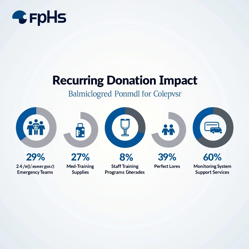 Professional infographic showing breakdown of recurring donation impact with pie charts and icons representing 24/7 emergency teams, medication supplies, staff training programs, monitoring system upgrades, and patient support services with percentages and visual data representation